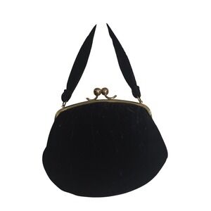 Vintage‎ MM Black Velvet Evening Bag Gold Tone Kiss Lock Frame Top Handle Purse
